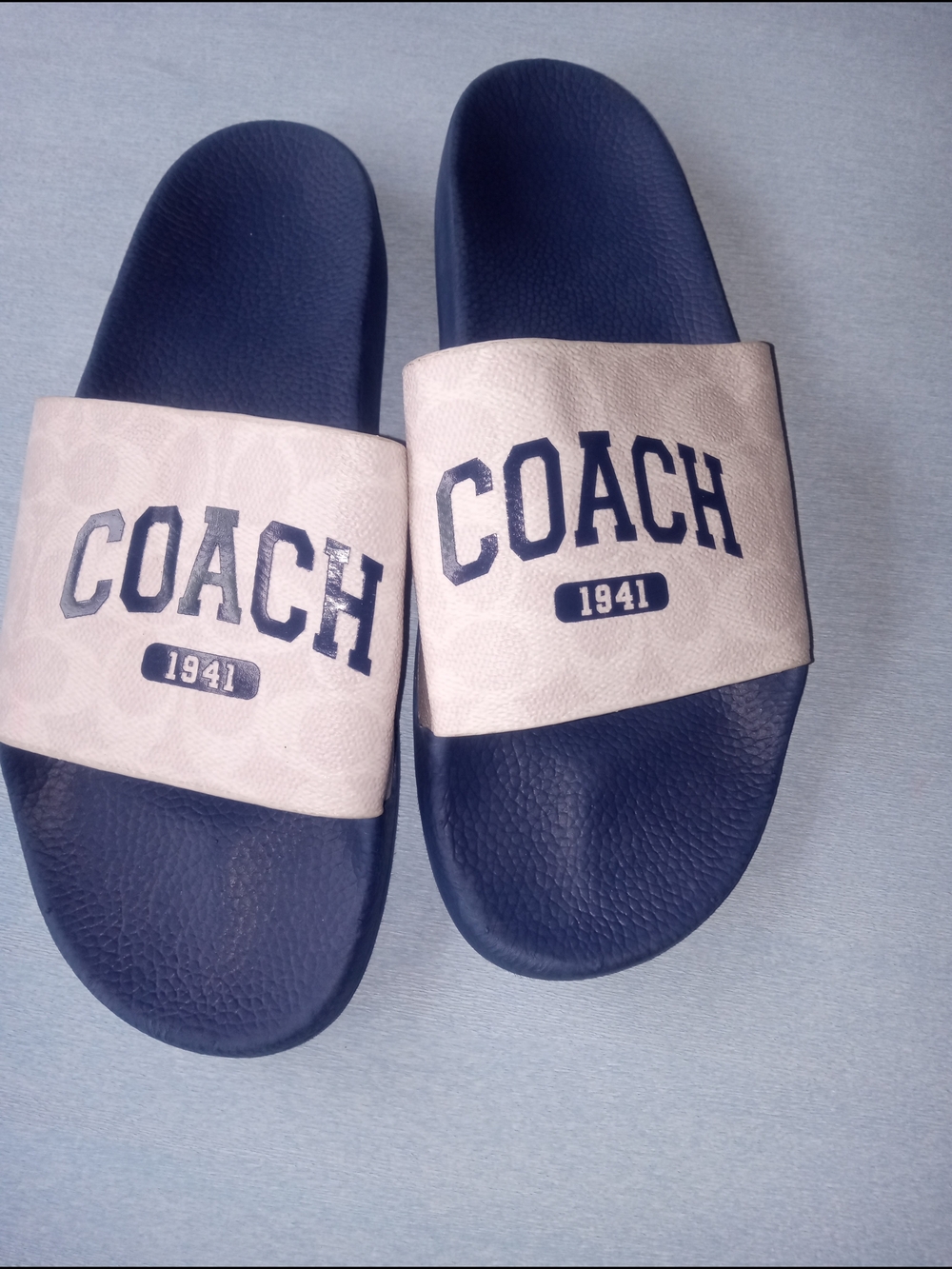 COACH 1941 Navy and Beige Slide Sandals
